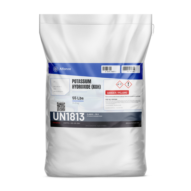 Potassium hydroxide technical grade solid in a 55-lb bag from Alliance Chemical for chemical manufacturing and industrial cleaning
