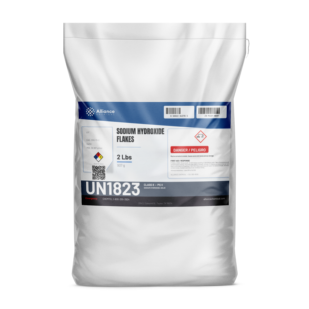 Sodium hydroxide flakes, technical grade in a 2-lb bag for pH regulation and wastewater neutralization, Alliance Chemical