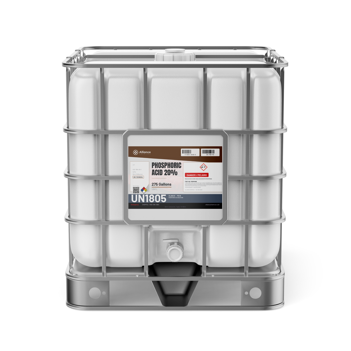 Phosphoric Acid 20% Technical Grade in a 275-gallon caged plastic IBC tote, Alliance Chemical