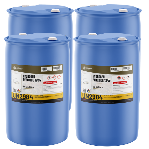 Hydrogen Peroxide 12% ACS Grade in four 55-gallon blue drums, Alliance Chemical for laboratory testing and chemical synthesis