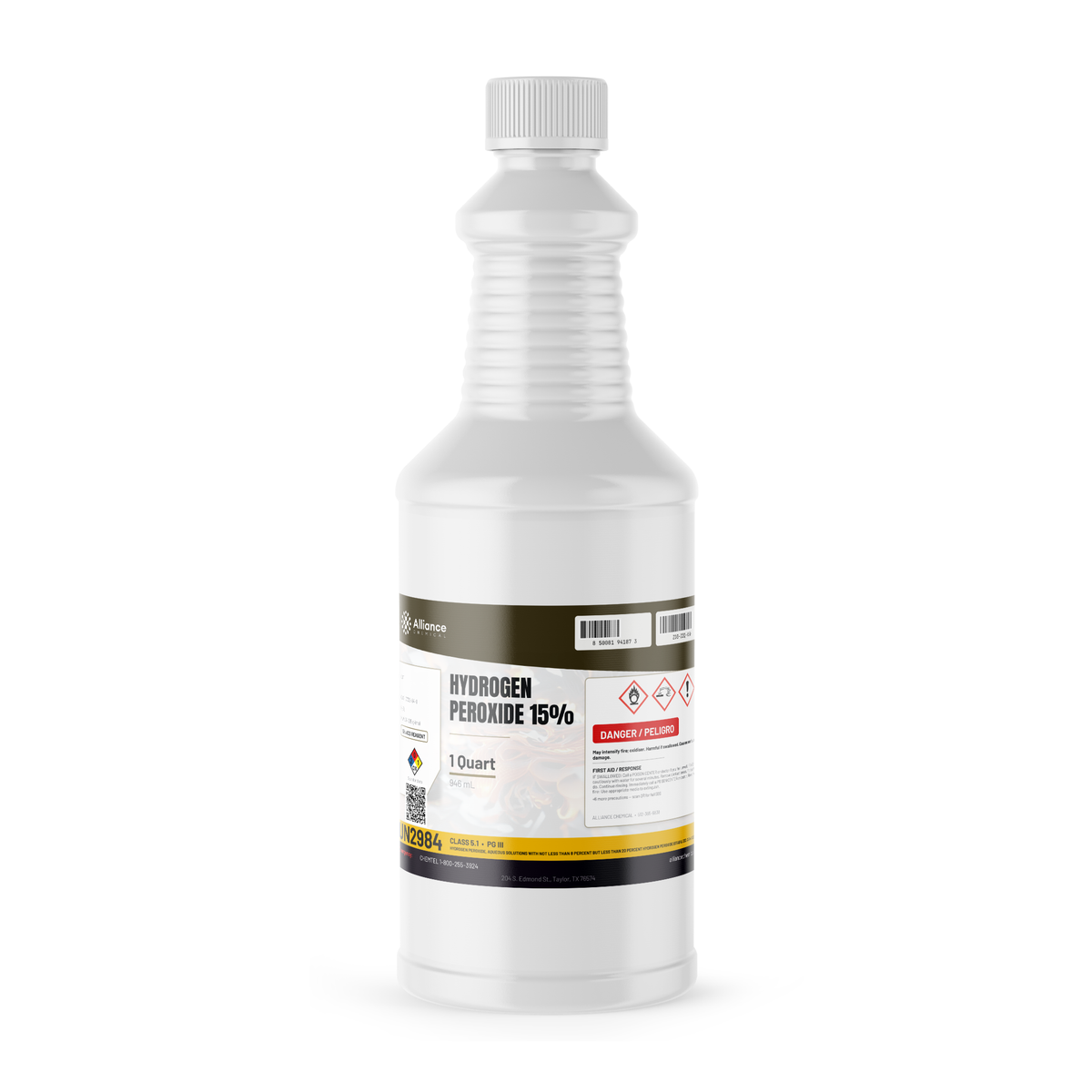 Hydrogen peroxide 15% ACS Reagent grade in a 1-quart white plastic bottle, Alliance Chemical
