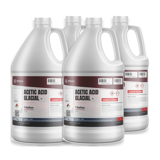 Glacial Acetic Acid Food Grade in four 1-gallon plastic jugs for food processing, Alliance Chemical