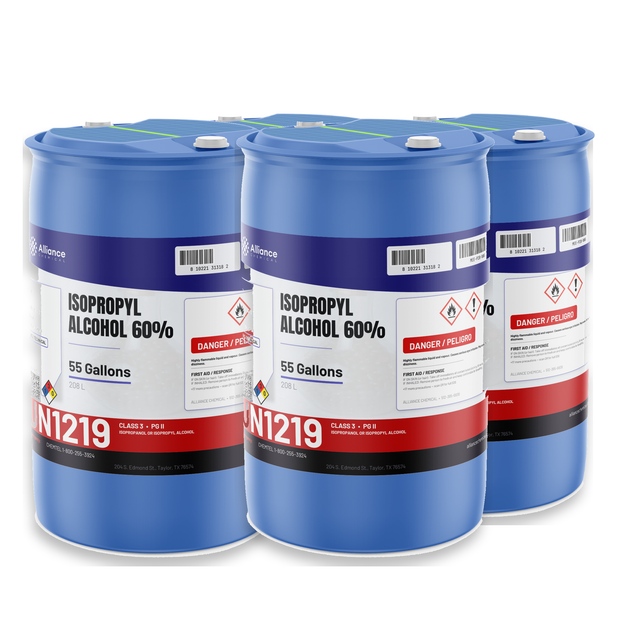 Isopropyl Alcohol 60% Technical Grade in four blue 55-gallon plastic drums from Alliance Chemical