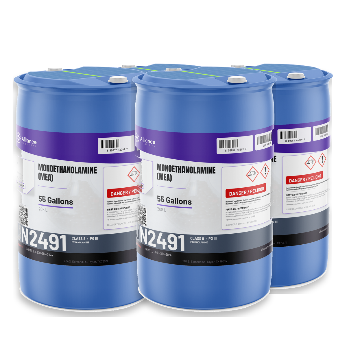 Monoethanolamine (MEA) ACS Reagent Grade in four 55-gallon drums, Alliance Chemical for gas sweetening and acid gas scrubbing