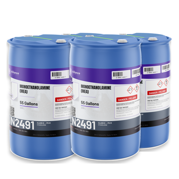 Monoethanolamine (MEA) ACS Reagent Grade in four 55-gallon drums, Alliance Chemical for gas sweetening and acid gas scrubbing