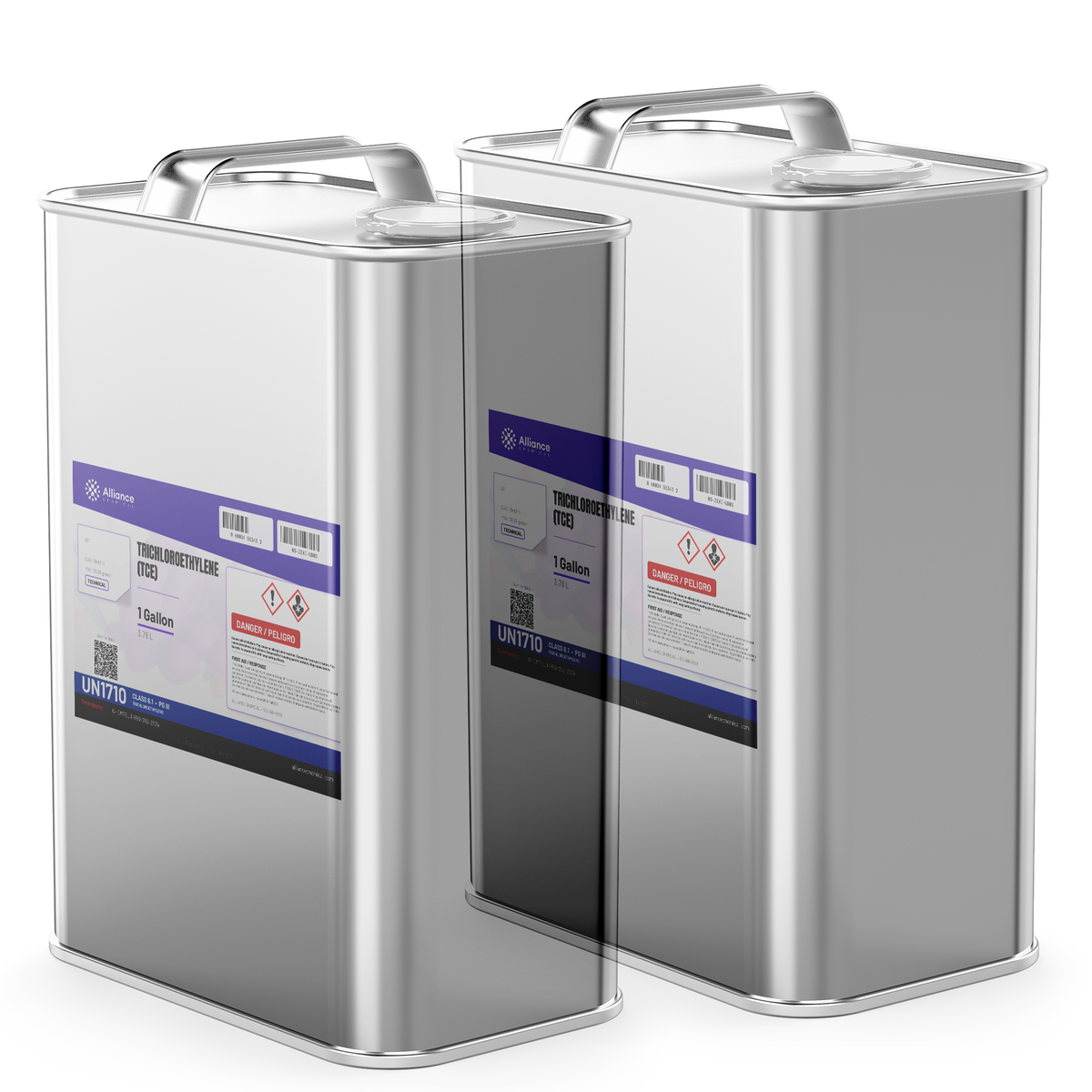 Trichloroethylene Technical Grade in two 1-gallon metal cans for vapor degreasing, Alliance Chemical
