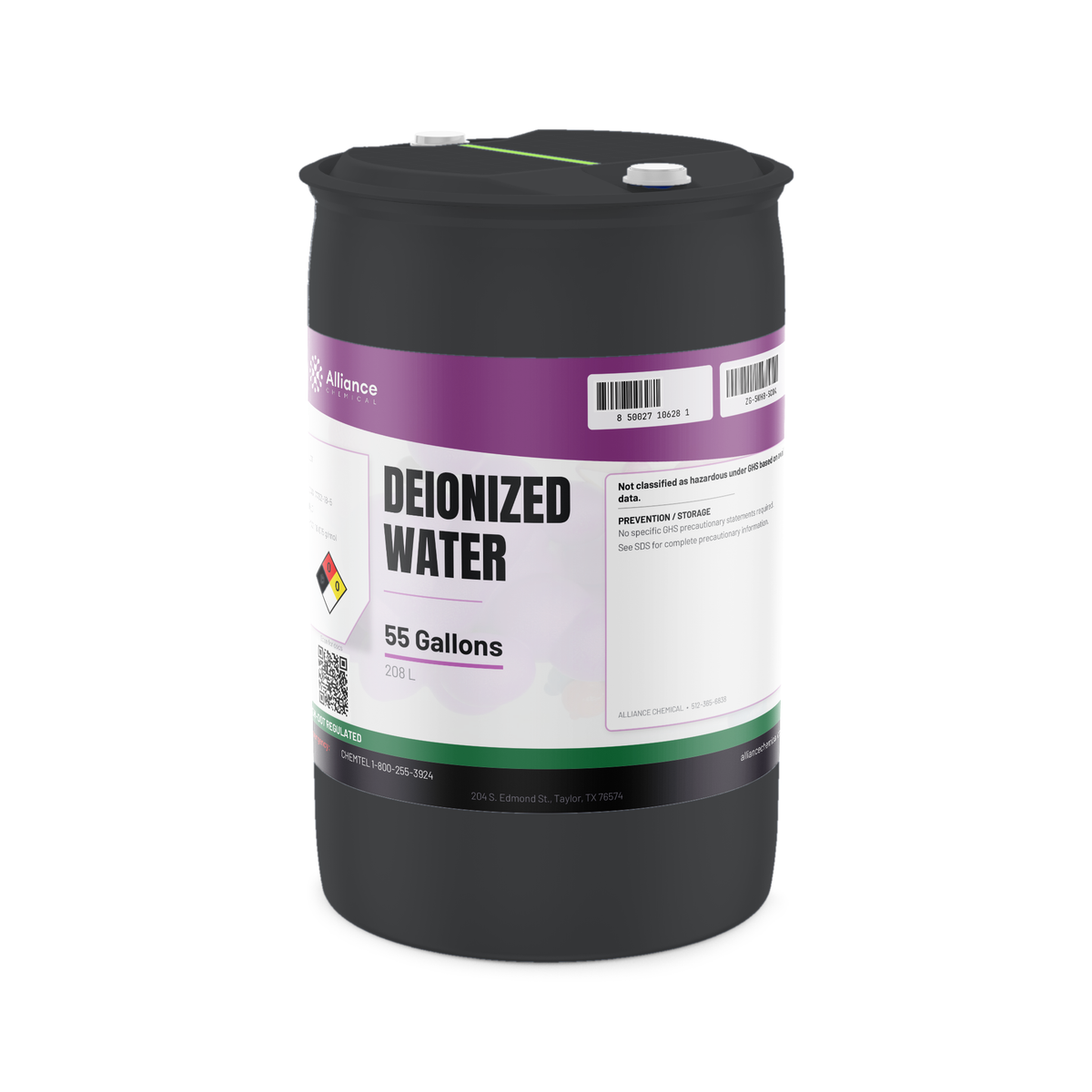 Deionized Water ACS Reagent Grade in a black plastic 55-gallon drum, Alliance Chemical