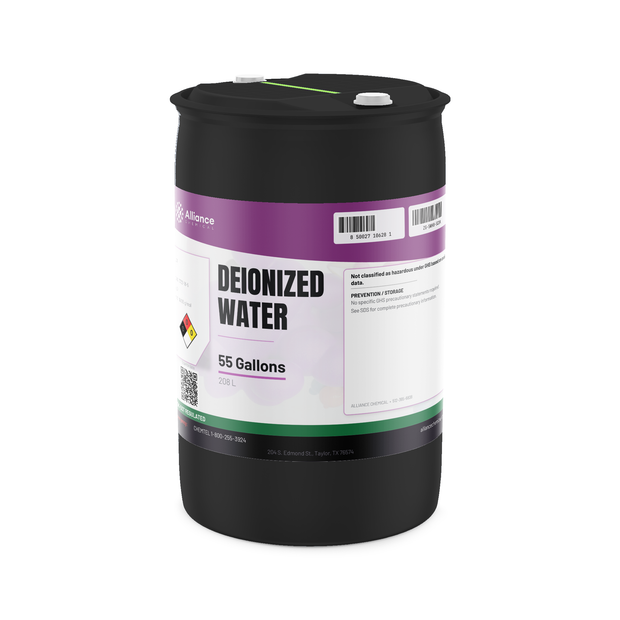 Technical grade deionized water in a black 55-gallon drum from Alliance Chemical for lab reagents and electronics cleaning