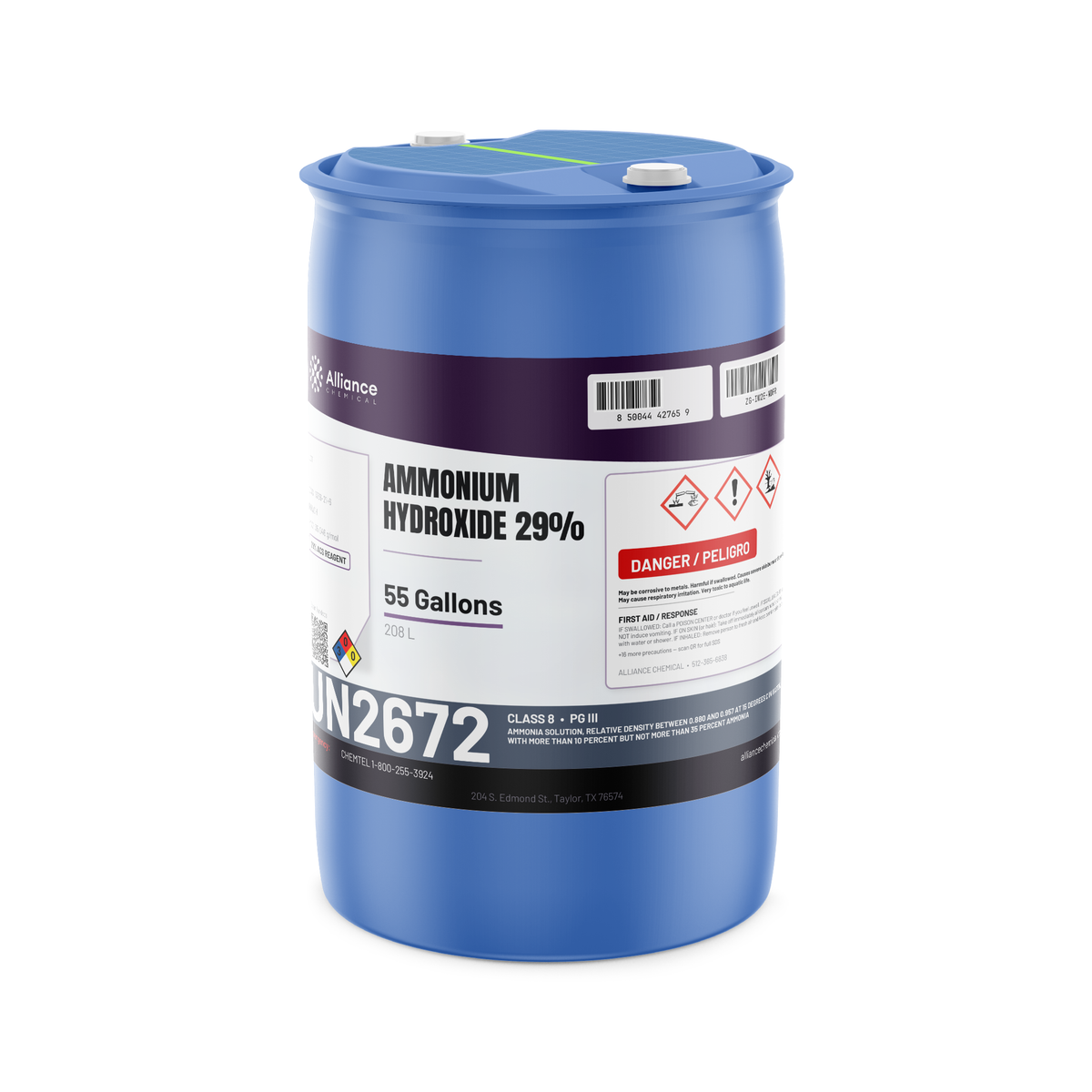 Ammonium hydroxide 29% ACS grade in a 55-gallon drum for lab analysis and metal surface etching, Alliance Chemical