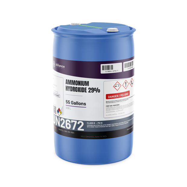 Ammonium hydroxide 29% ACS grade in a 55-gallon drum for lab analysis and metal surface etching, Alliance Chemical