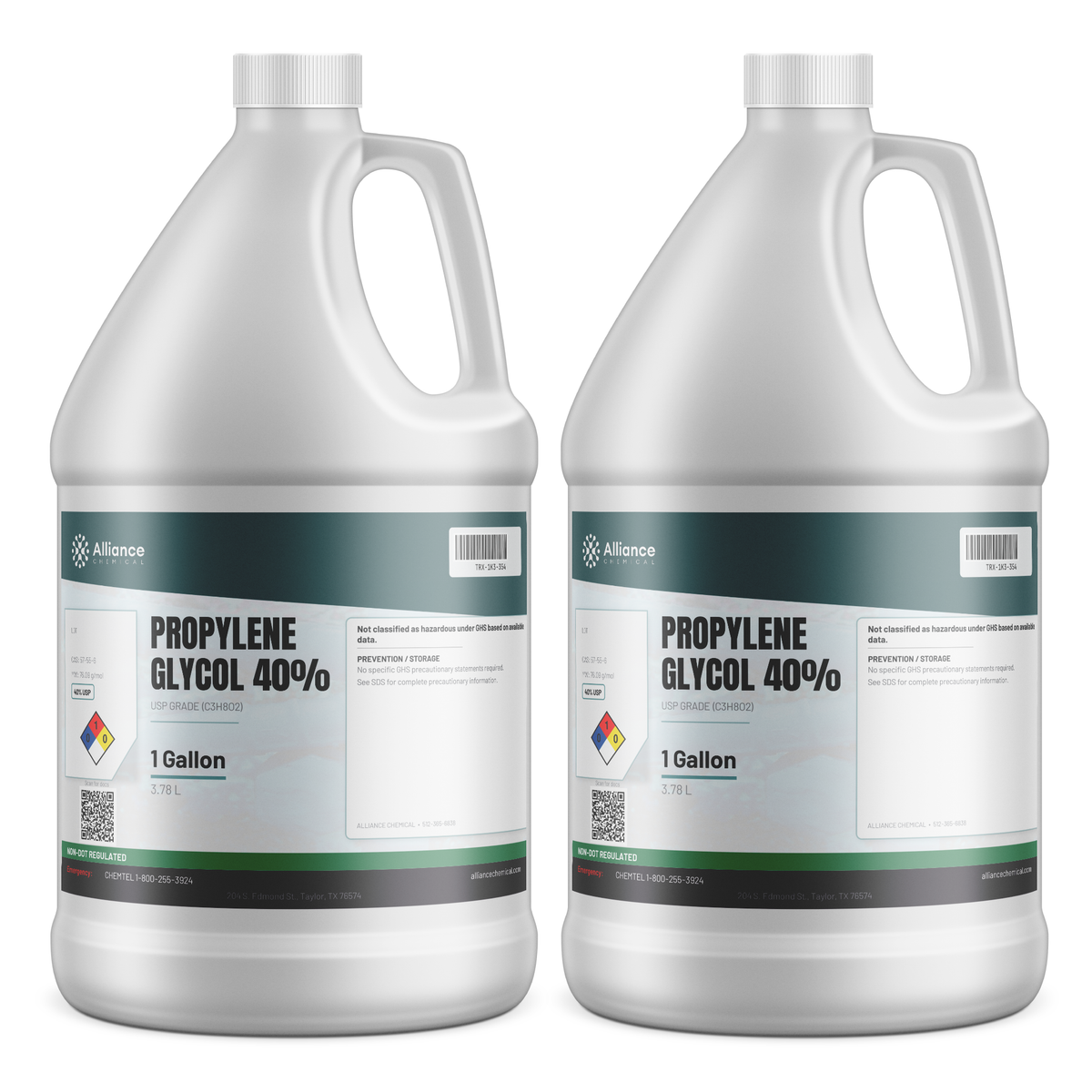 Propylene Glycol 40% USP Grade in two 1-gallon white plastic jugs, Alliance Chemical