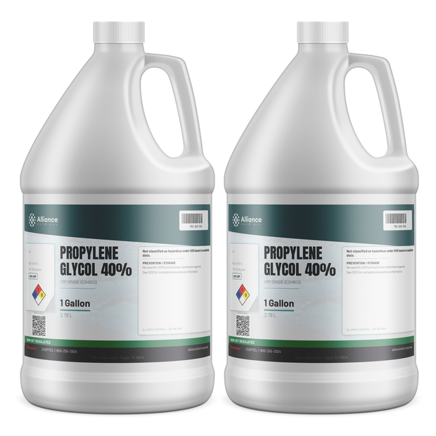 Propylene Glycol 40% USP Grade in two 1-gallon white plastic jugs, Alliance Chemical