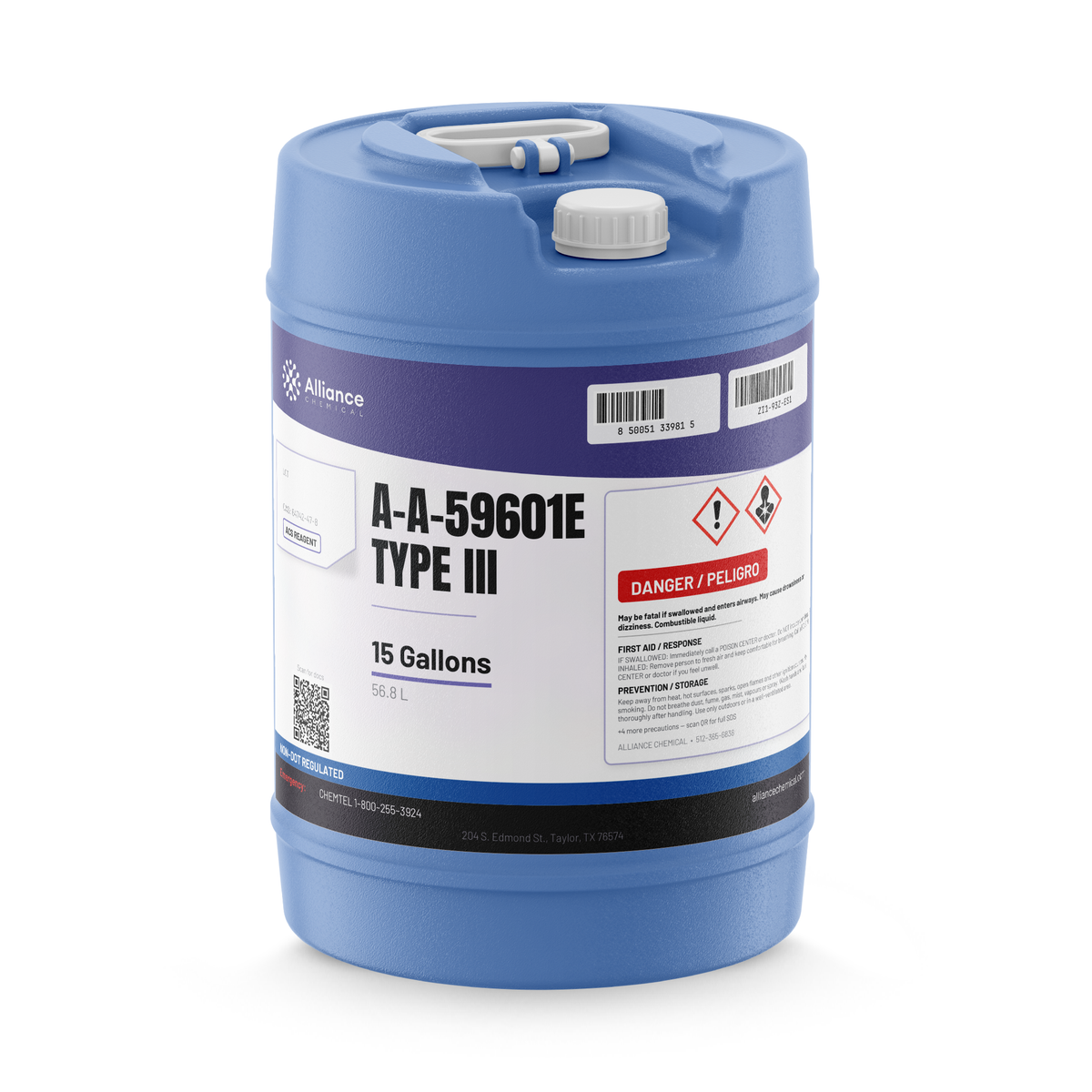 A-A-59601E Type III ACS reagent grade in a 15-gallon blue carboy, Alliance Chemical