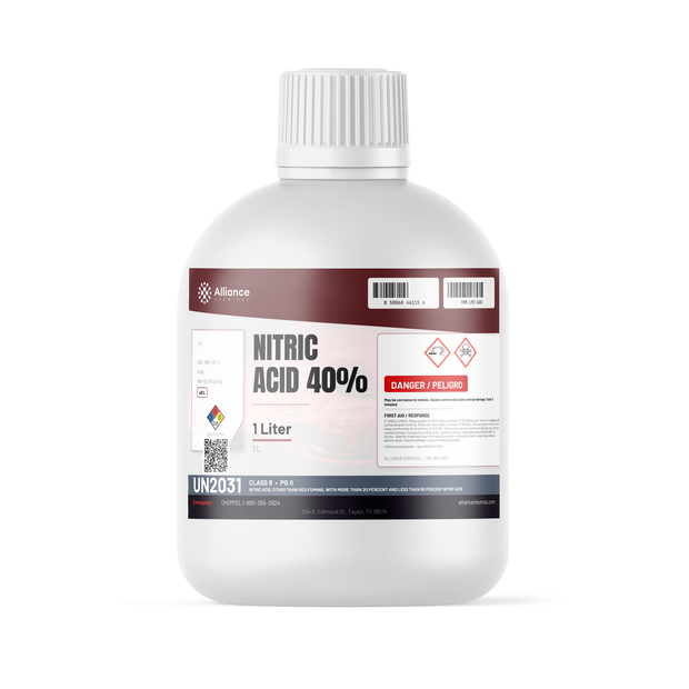 Nitric Acid 40% Technical Grade 1-liter plastic bottle for stainless steel passivation, Alliance Chemical