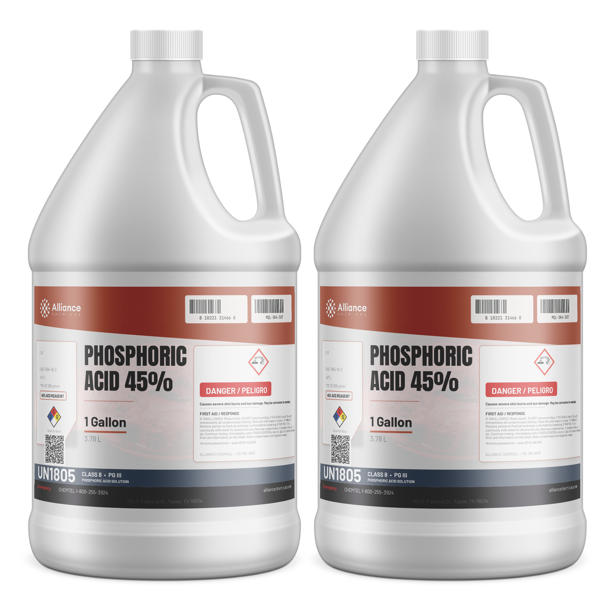 Phosphoric Acid 45% ACS Reagent Grade in two 1-gallon plastic jugs, Alliance Chemical