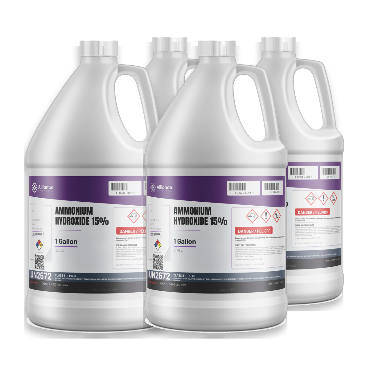 Ammonium Hydroxide 15% Technical Grade four 1-gallon plastic jugs from Alliance Chemical