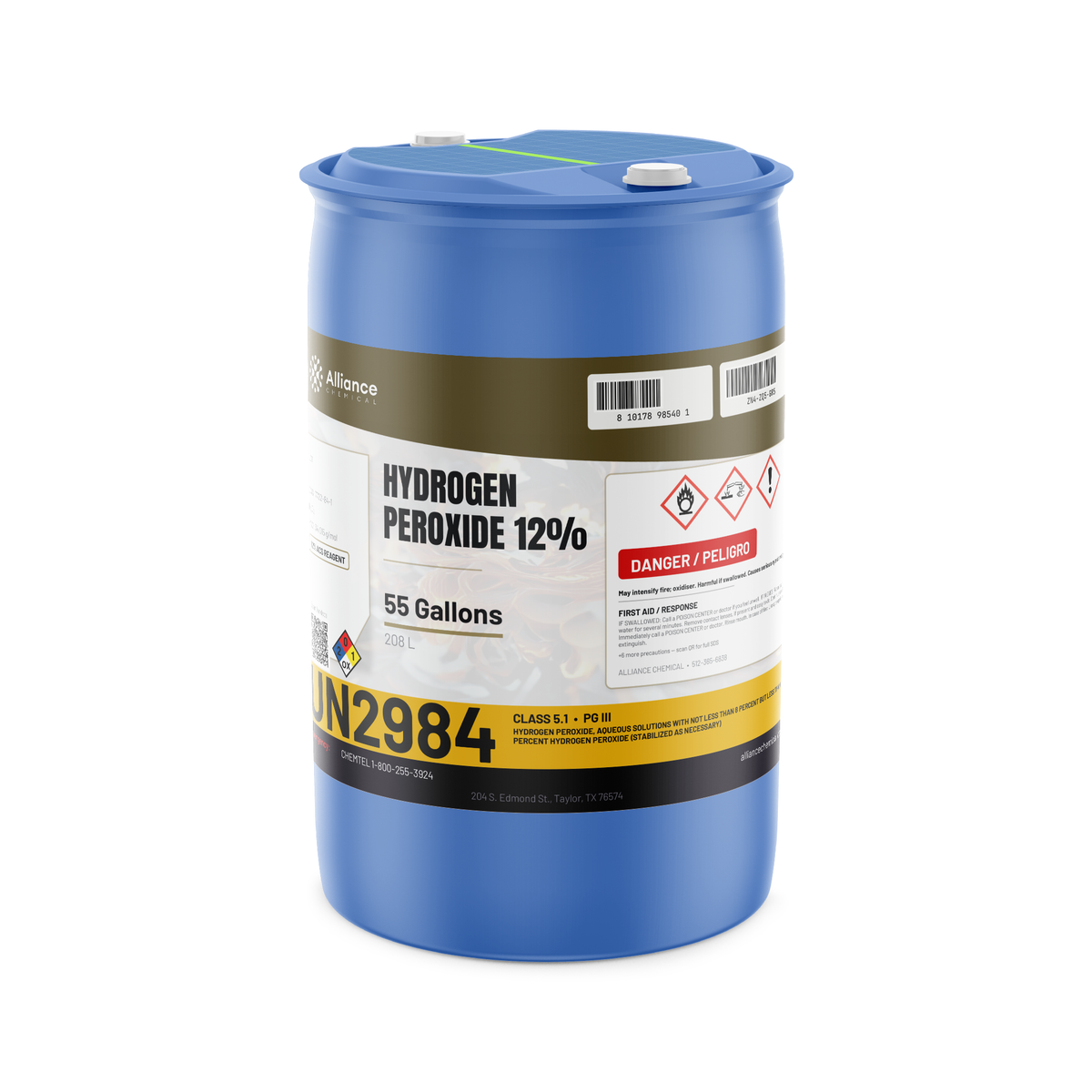 Hydrogen peroxide 12% ACS grade in a 55-gallon blue plastic drum, Alliance Chemical