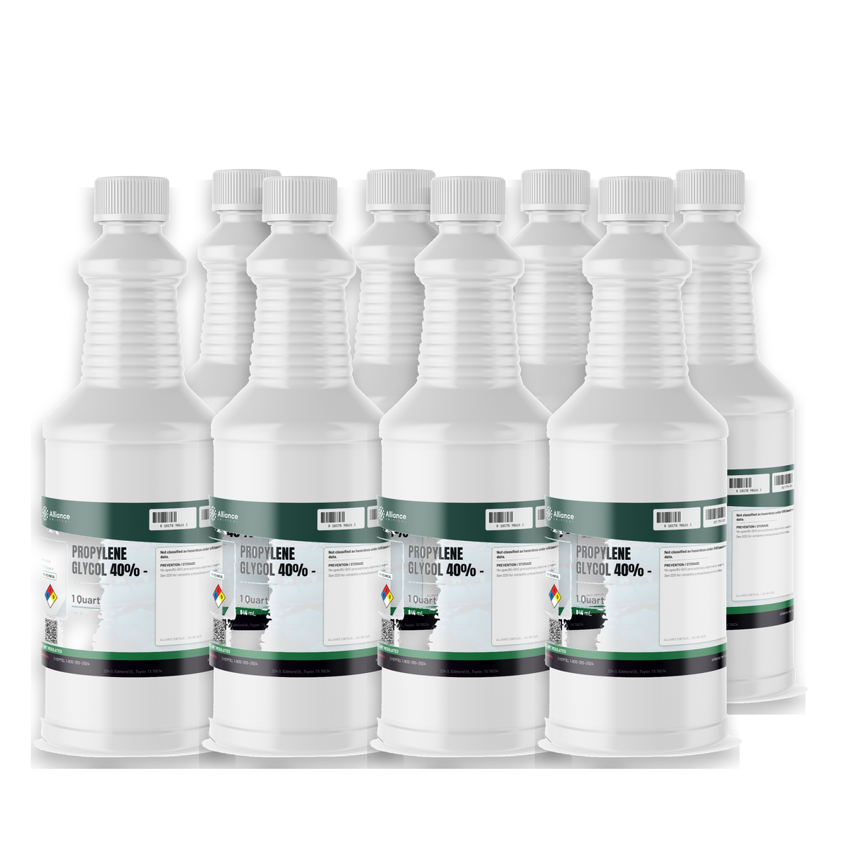 Propylene Glycol 40% Technical Grade in eight 1-quart white plastic bottles from Alliance Chemical
