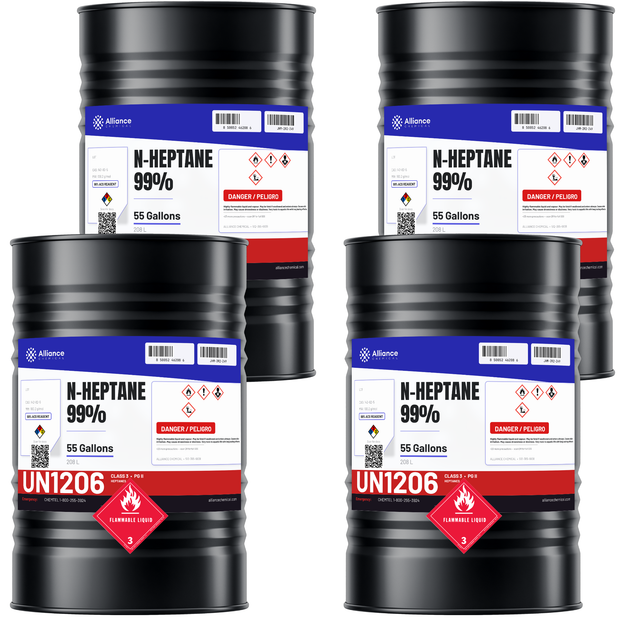 n-Heptane 99% ACS Reagent Grade in four 55-gallon black steel drums for laboratory extraction, Alliance Chemical