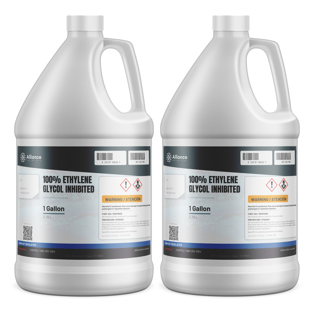 100% inhibited ethylene glycol liquid in two 1-gallon white plastic jugs, Alliance Chemical