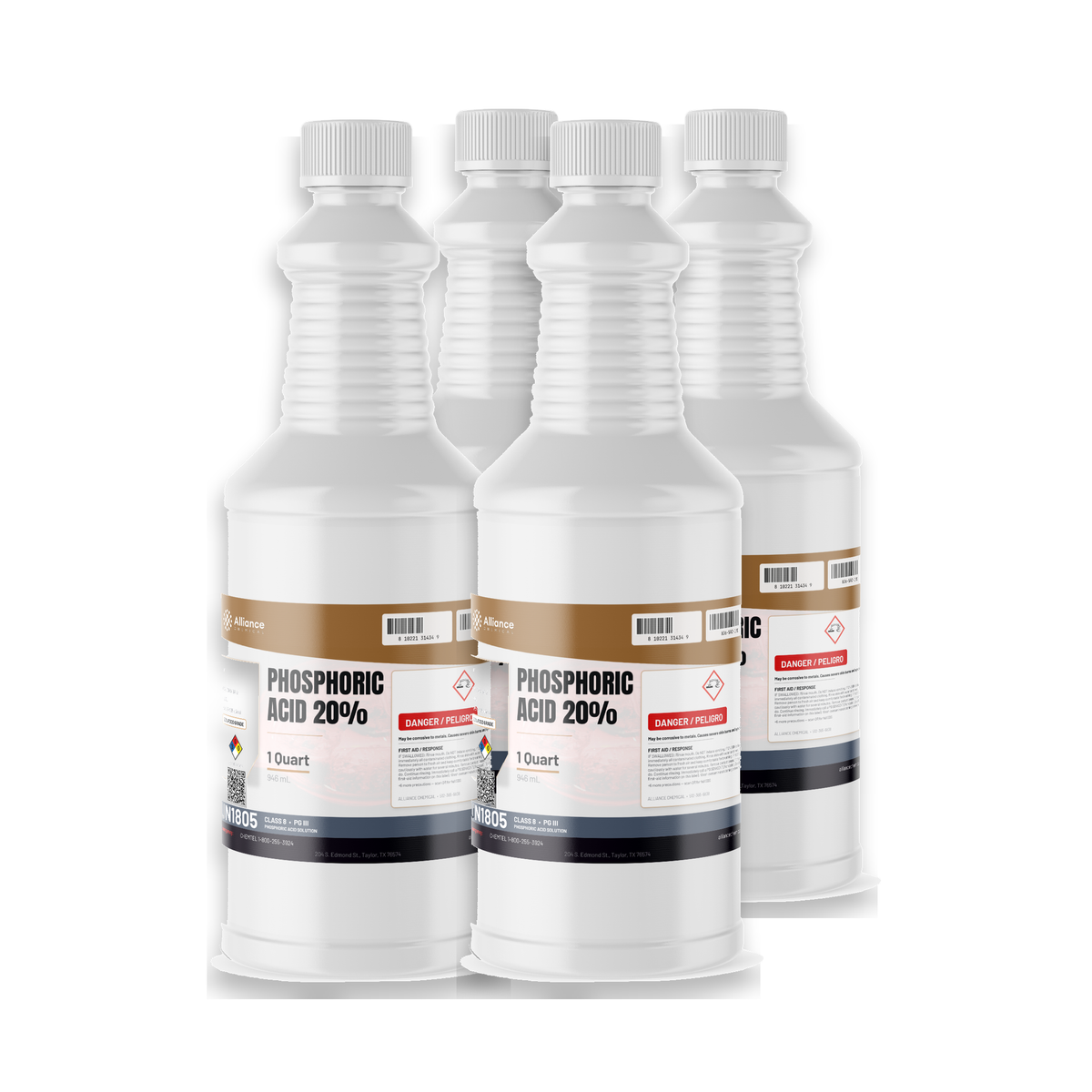 Phosphoric Acid 20% Food Grade in four 1-quart plastic bottles for food processing, Alliance Chemical