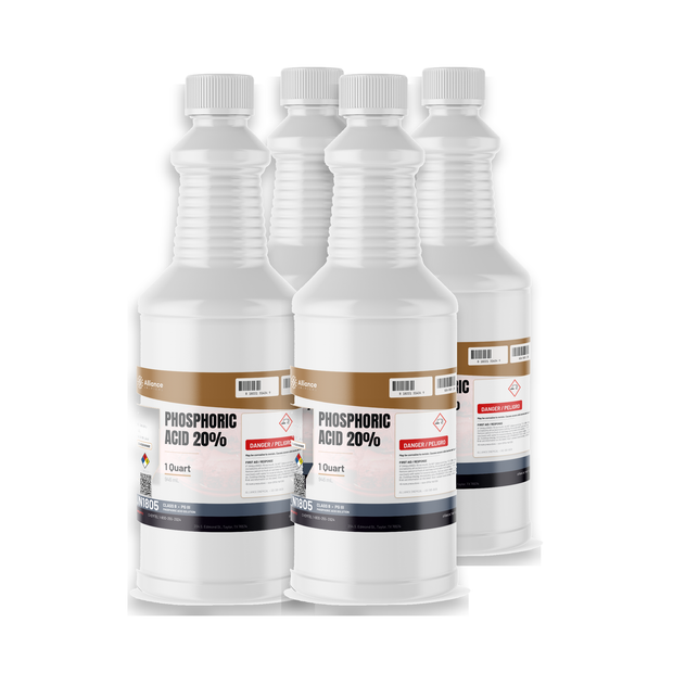Phosphoric Acid 20% Food Grade in four 1-quart plastic bottles for food processing, Alliance Chemical