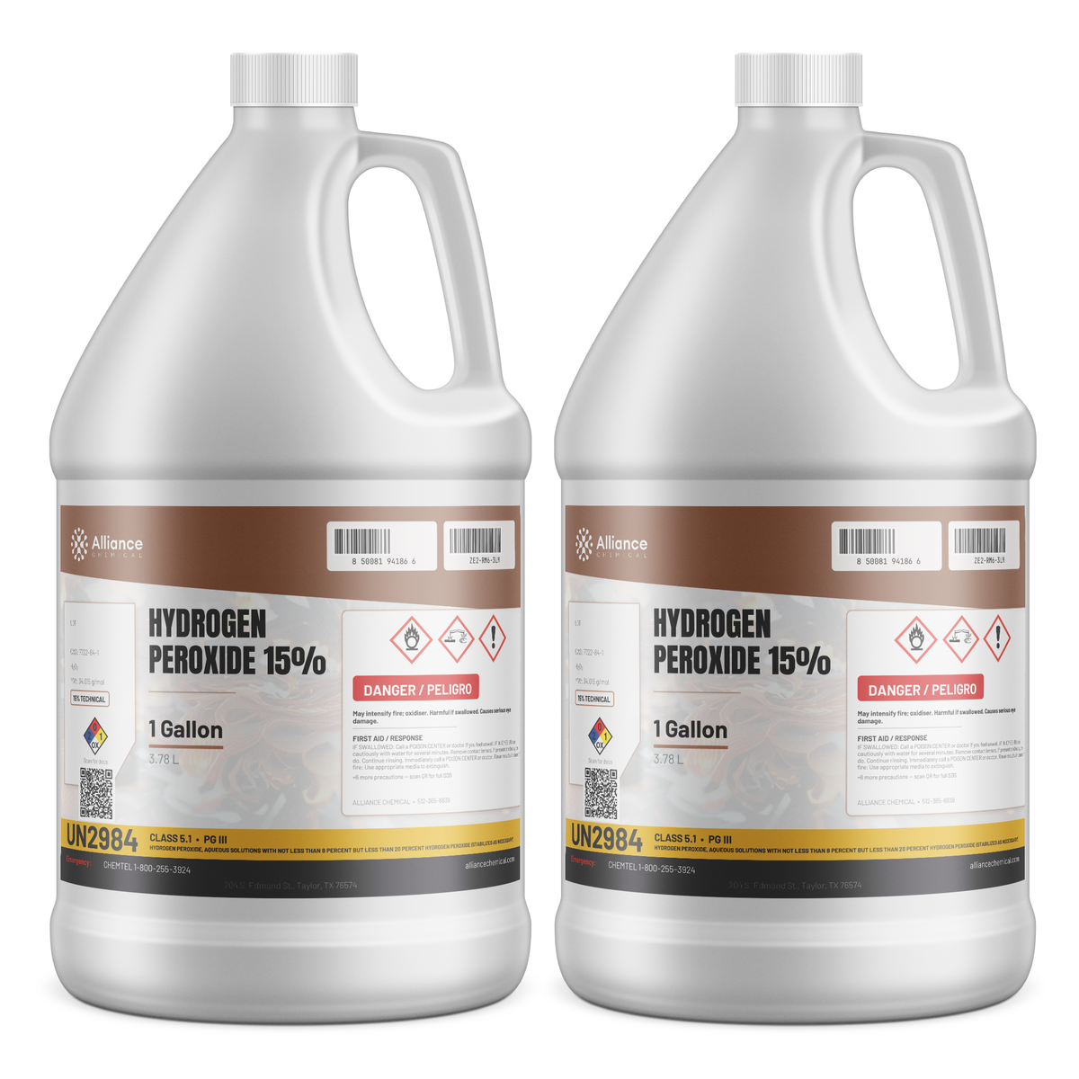 Hydrogen Peroxide 15% Technical Grade, two 1-gallon plastic jugs, Alliance Chemical for textile and pulp bleaching