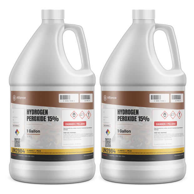 Hydrogen Peroxide 15% Technical Grade, two 1-gallon plastic jugs, Alliance Chemical for textile and pulp bleaching