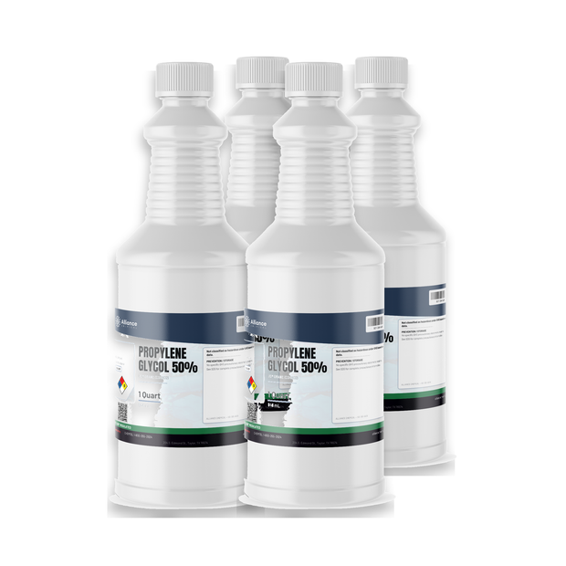 Propylene Glycol 50% USP Grade in four 1-quart ribbed plastic bottles, Alliance Chemical