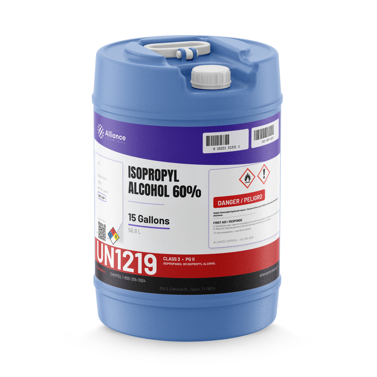 Isopropyl Alcohol 60% USP Grade in a blue plastic 15-gallon carboy, Alliance Chemical