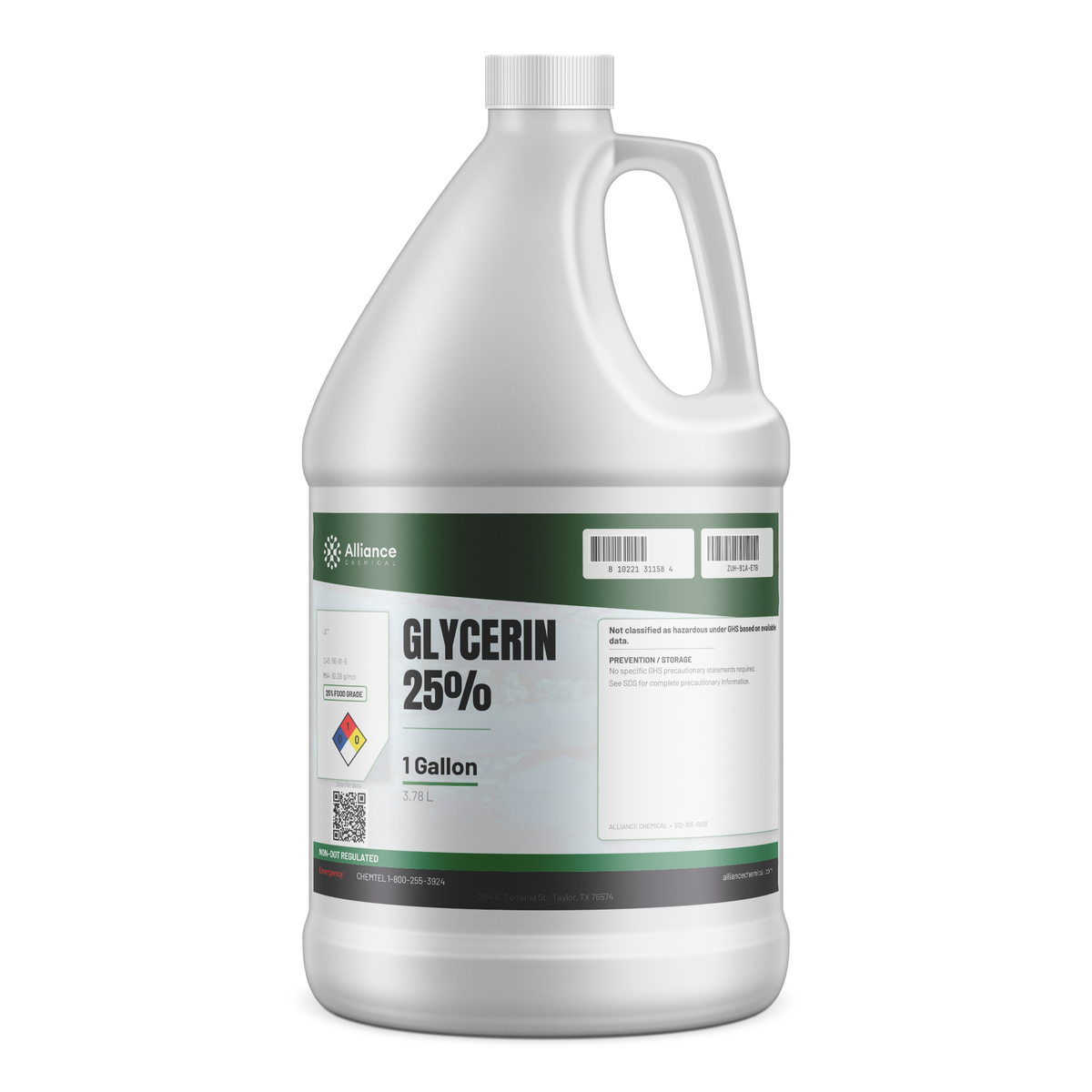 Glycerin 25% Food Grade in a 1-gallon plastic jug for food and beverage processing from Alliance Chemical