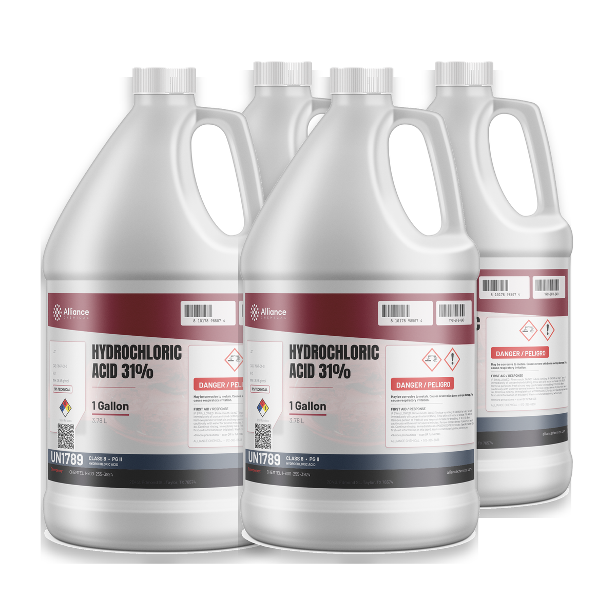 Hydrochloric Acid 31% Technical Grade in four 1-gallon jugs for steel pickling and rust removal, Alliance Chemical