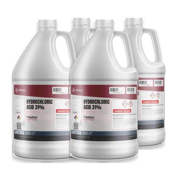 Hydrochloric Acid 31% Technical Grade in four 1-gallon jugs for steel pickling and rust removal, Alliance Chemical