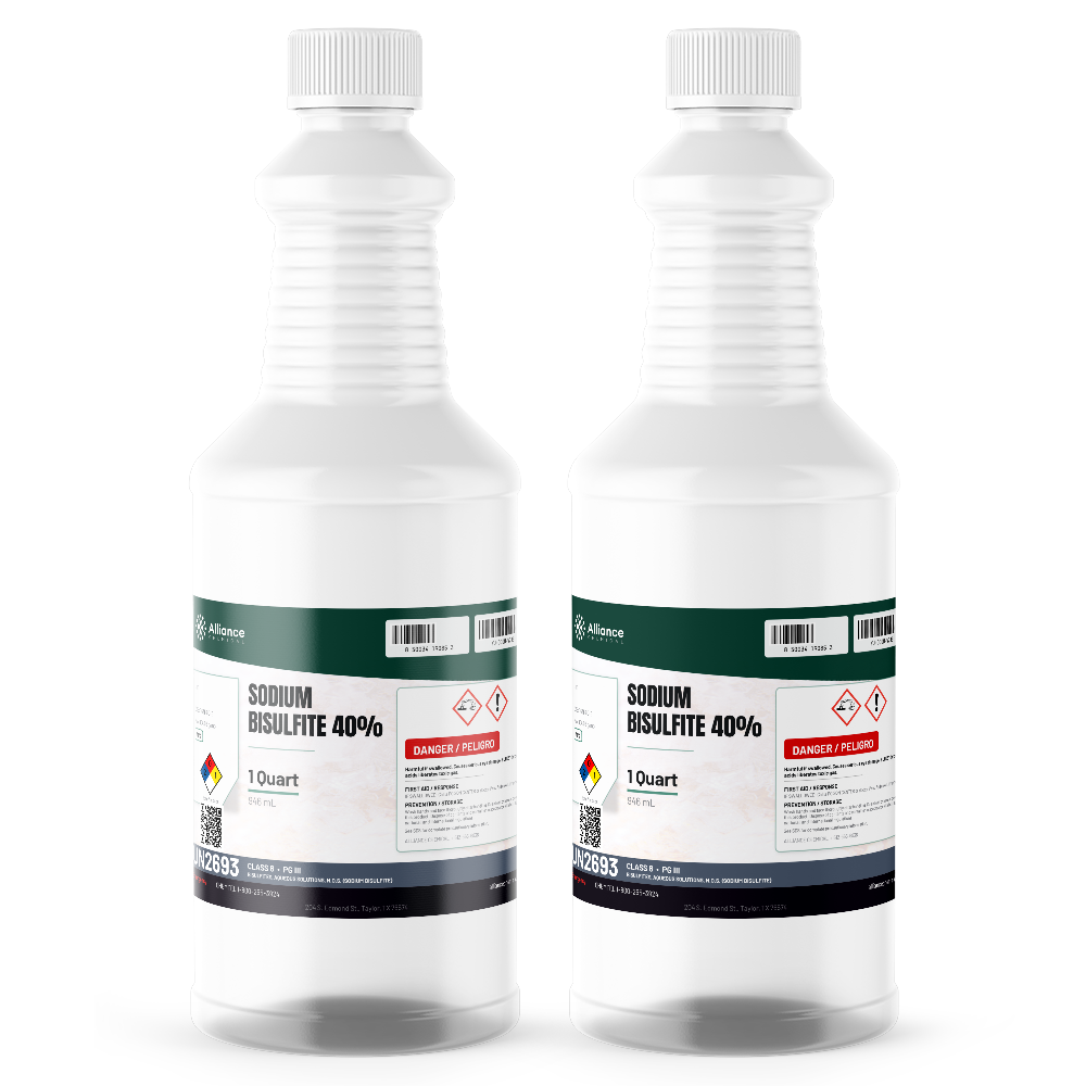 Sodium Bisulfite 40% Technical Grade, two 1-quart plastic bottles, Alliance Chemical for wastewater dechlorination