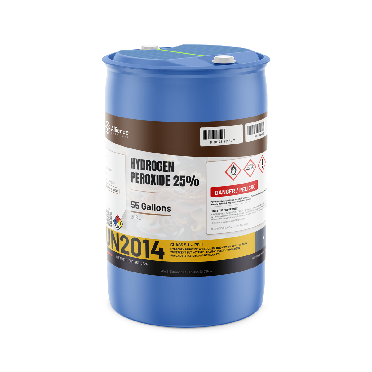 Hydrogen Peroxide 25% ACS Reagent Grade in a blue 55-gallon drum, Alliance Chemical