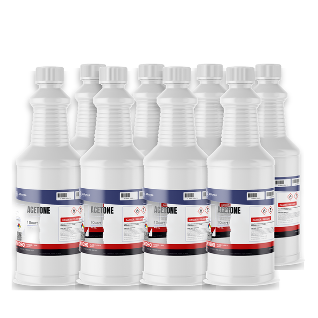 Acetone ACS Reagent Grade in eight 1-quart plastic bottles from Alliance Chemical for laboratory cleaning