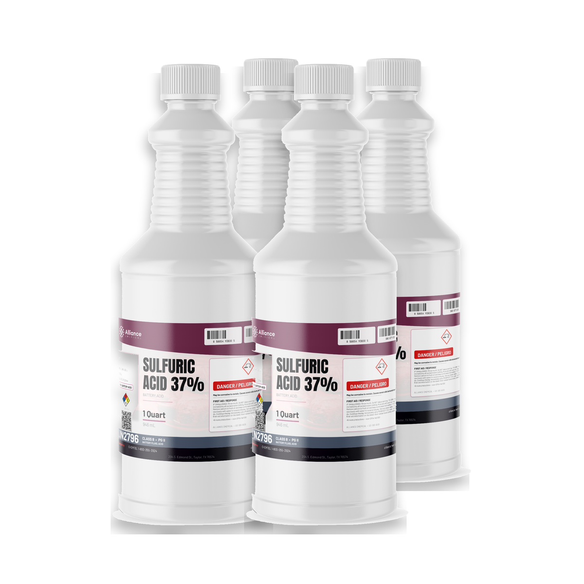 Sulfuric Acid 37% technical grade in four 1-quart plastic bottles, Alliance Chemical