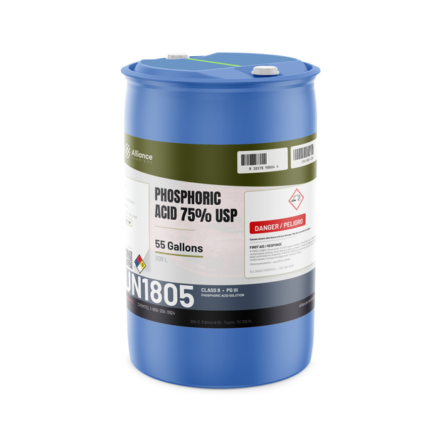 Phosphoric Acid 75% USP Food Grade in a blue 55-gallon drum, Alliance Chemical for rust removal and metal preparation