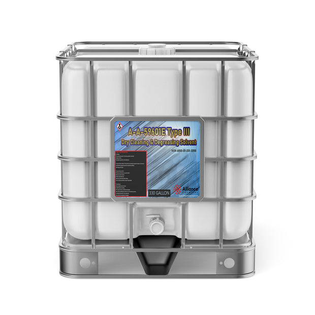 One 330-gallon plastic tote of Alliance Chemical A-A-59601E Type III with a metal cage and a spigot.