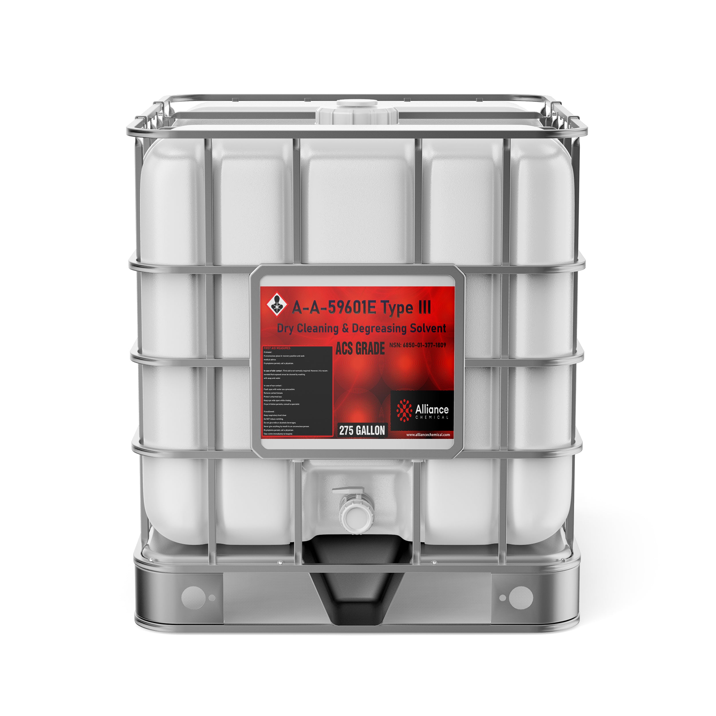 275-gallon IBC tote of A-A-59601E Type III ACS-grade dry cleaning solvent with hazard warning label, metal cage frame, and bottom discharge valve.