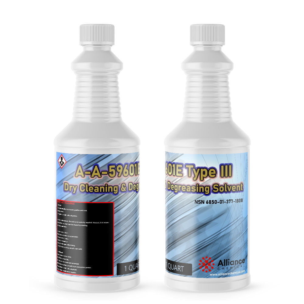 1-quart dry cleaning and degreasing solvent A-A-59601E Type III in white HDPE bottle with hazard symbol, Alliance Chemical brand, NSN 6850-01-377-1808.