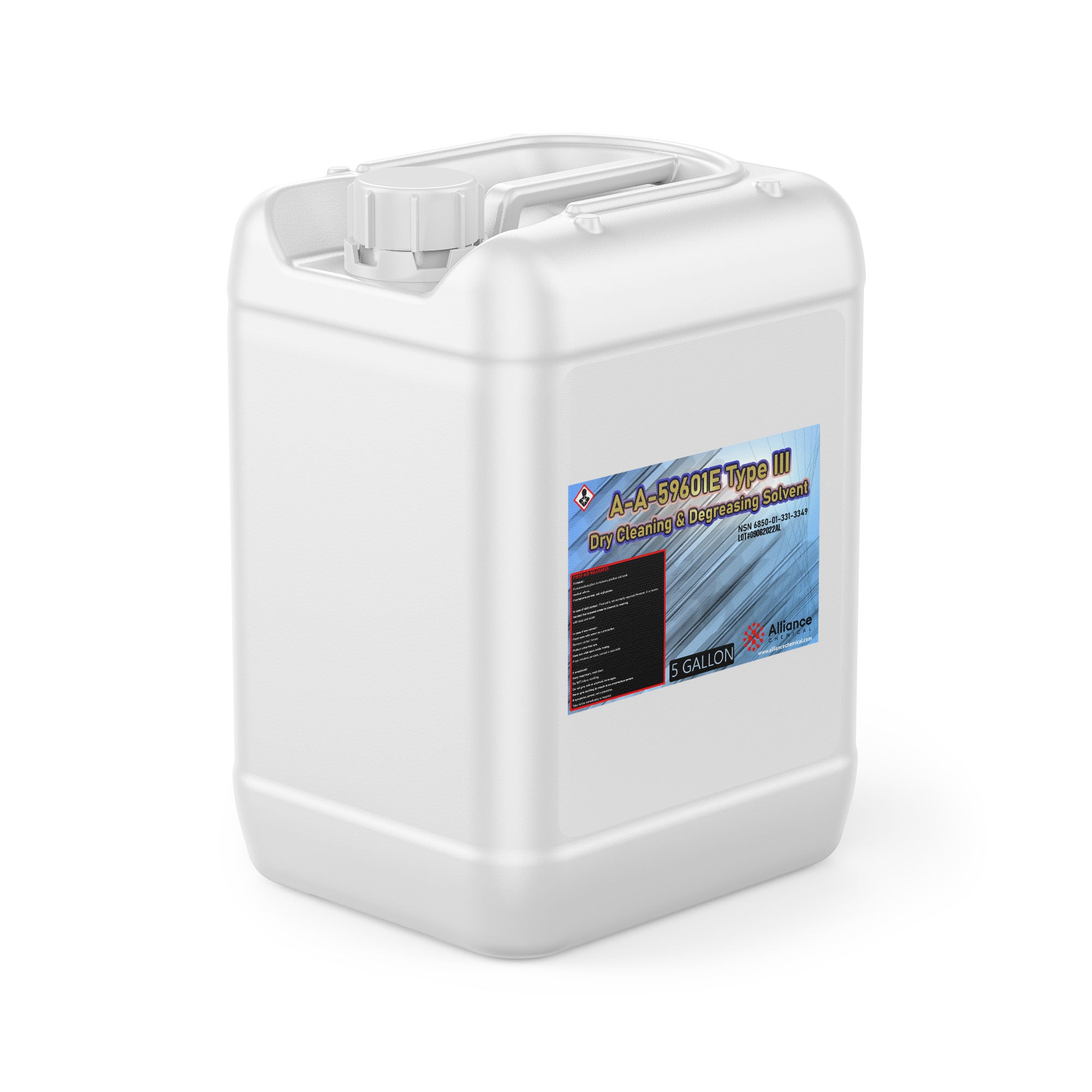 5-gallon white HDPE container of A-A-59601E Type III dry cleaning and degreasing solvent with hazard warning label, industrial-grade chemical.