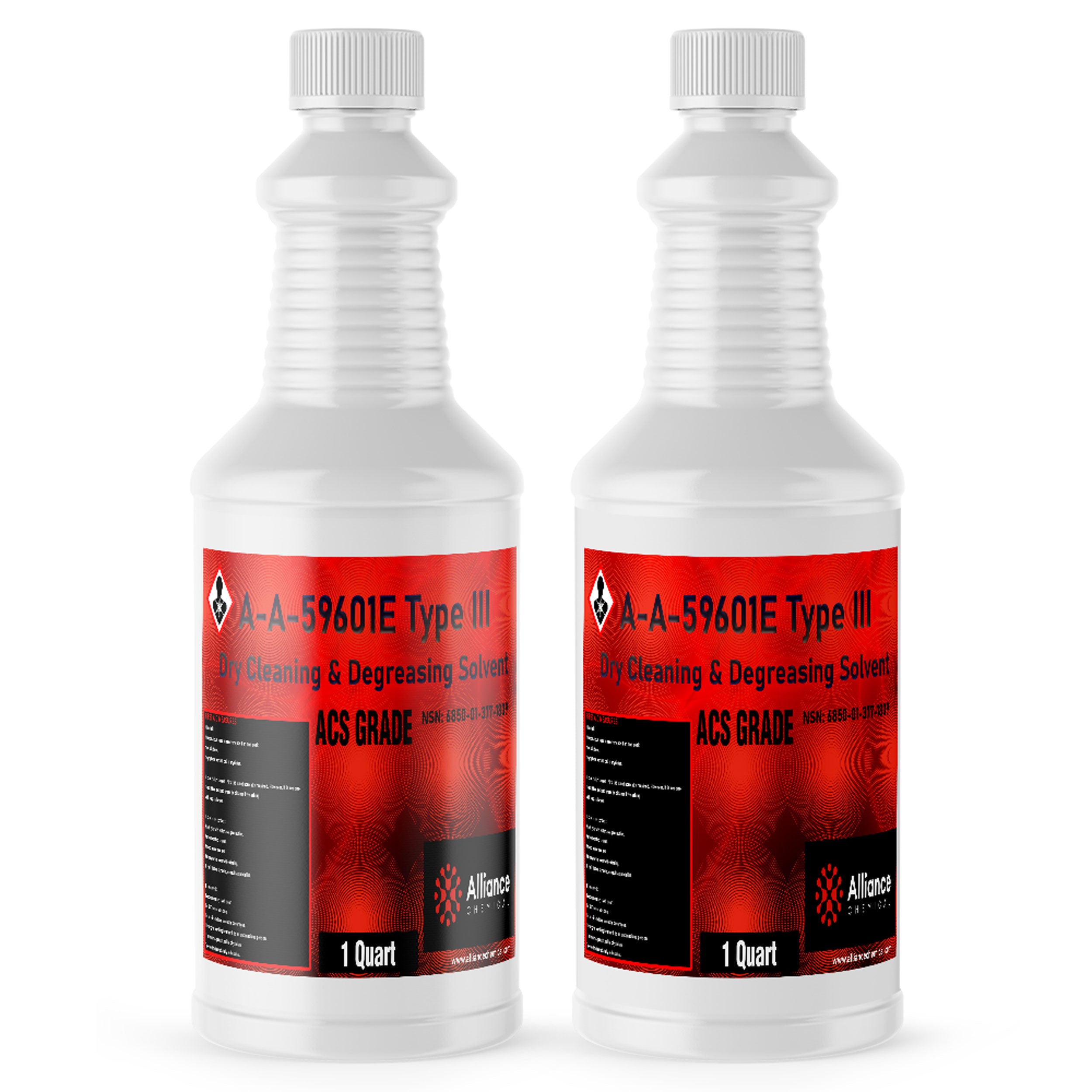 1-quart bottles of A-A-59601E Type III ACS Grade dry cleaning & degreasing solvent with flammable warning symbol in white HDPE containers.