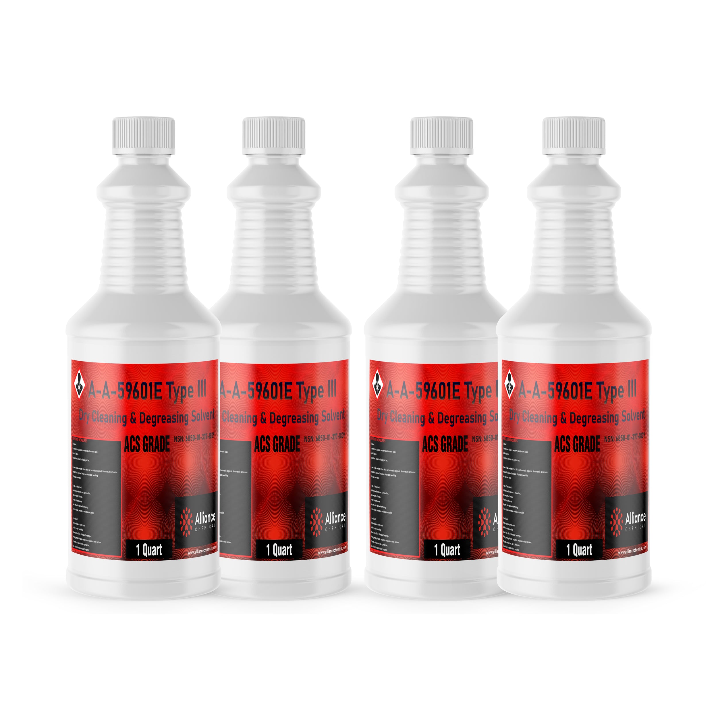 4x1-quart A-A-59601E Type III ACS-grade dry cleaning & degreasing solvent in white HDPE bottles with red labels and hazardous material warning symbols.