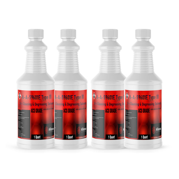 Four 1-quart HDPE jugs of Alliance Chemical A-A-59601E Type III ACS Grade with white screw caps and product labels