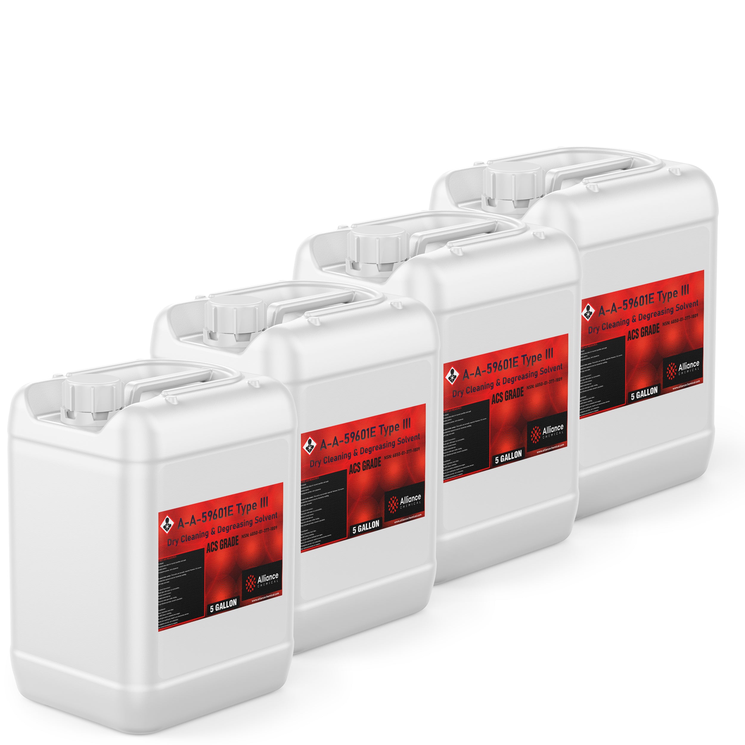 4x5-gallon containers of A-A-59601E Type III ACS Grade dry cleaning solvent in white HDPE jugs with red hazmat labels and threaded caps.