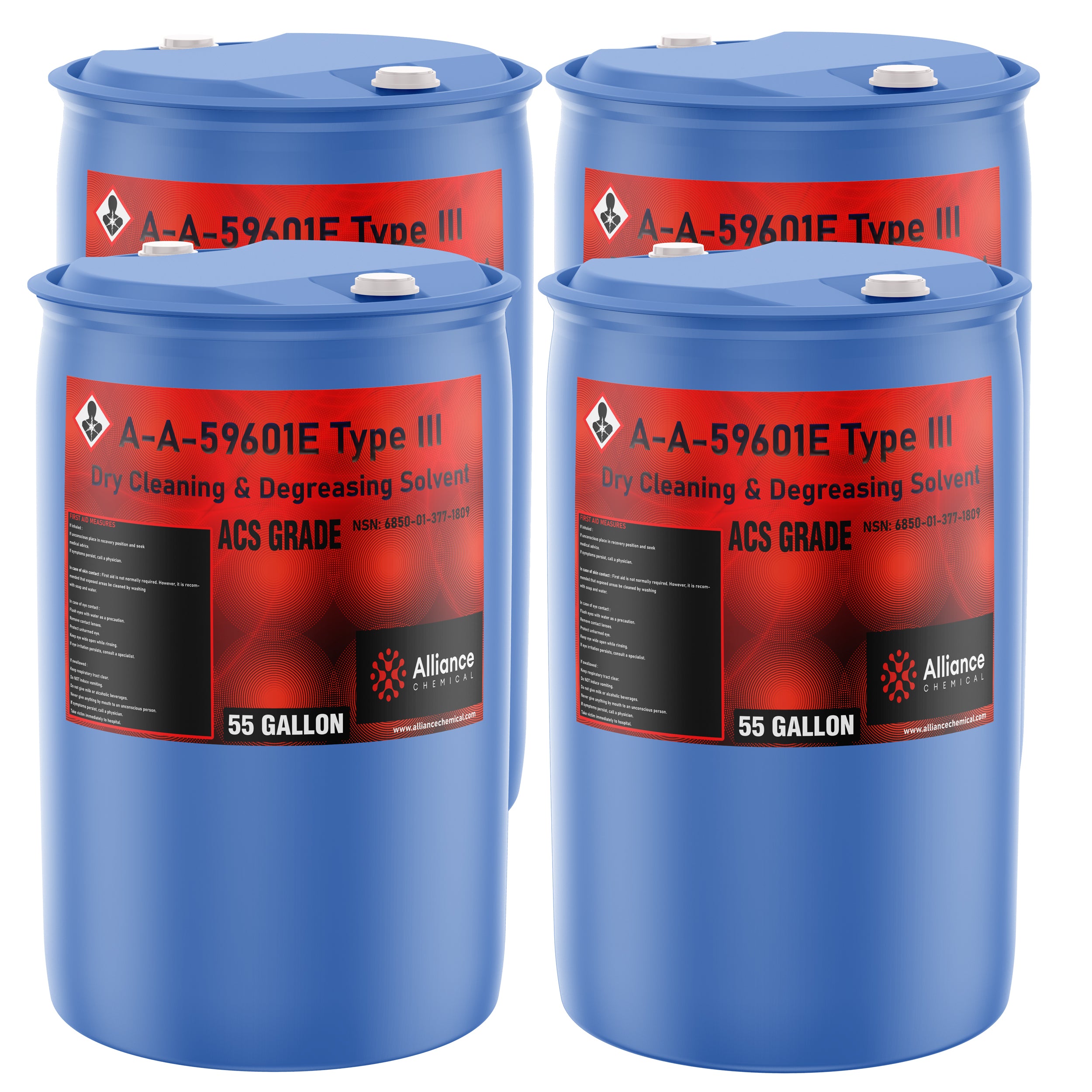 4x55-gallon blue drums of A-A-59601E Type III ACS-grade dry cleaning & degreasing solvent with hazard warning symbol and Alliance Chemical branding.