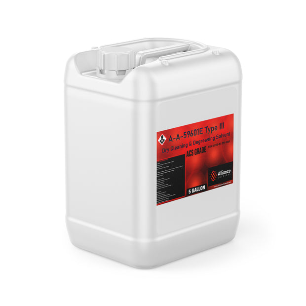 5-gallon HDPE jug of Alliance Chemical A-A-59601E Type III ACS Grade with a white screw cap and integrated handle.