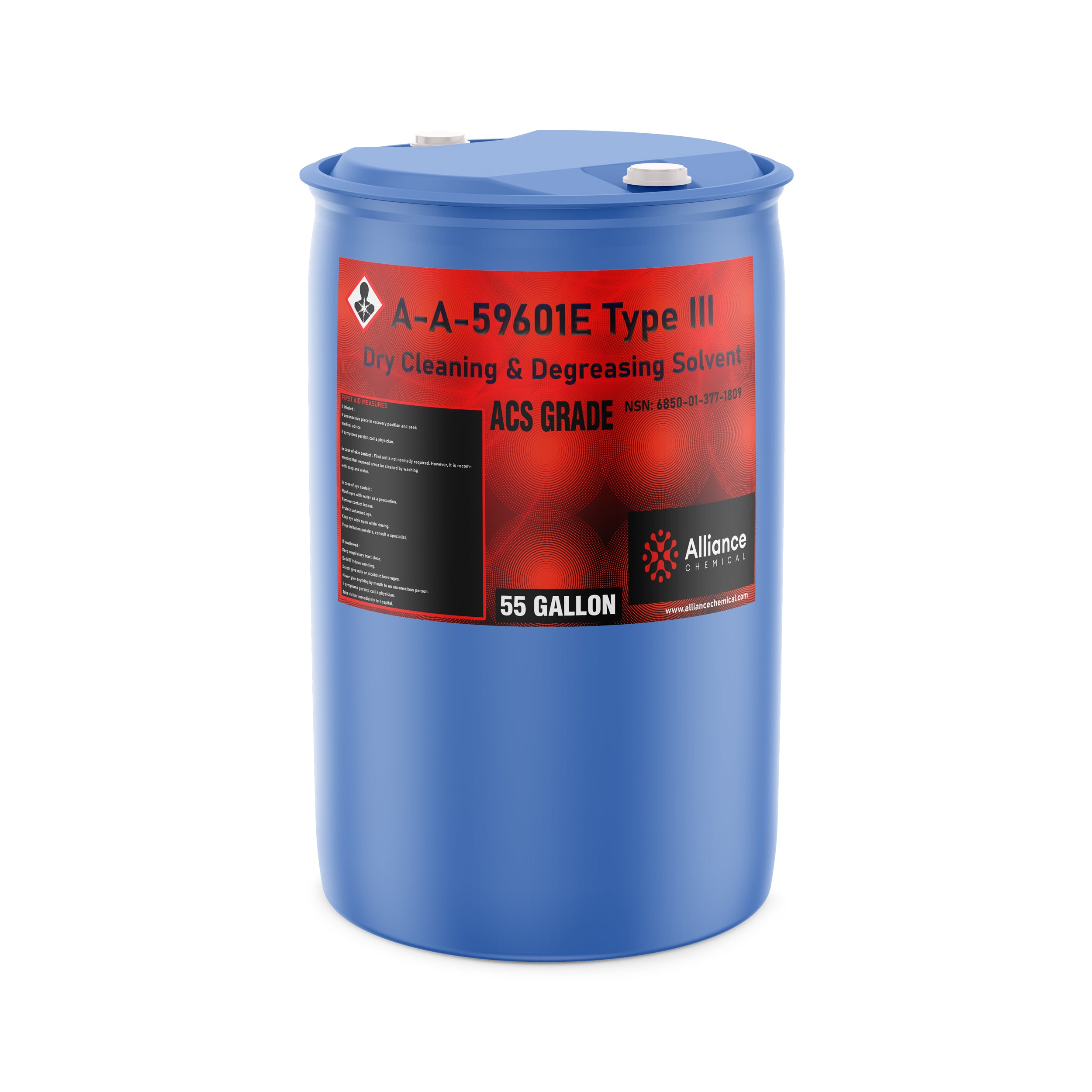 55-gallon blue polyethylene drum of A-A-59601E Type III ACS Grade dry cleaning solvent with hazardous material symbol and dual-port lid.