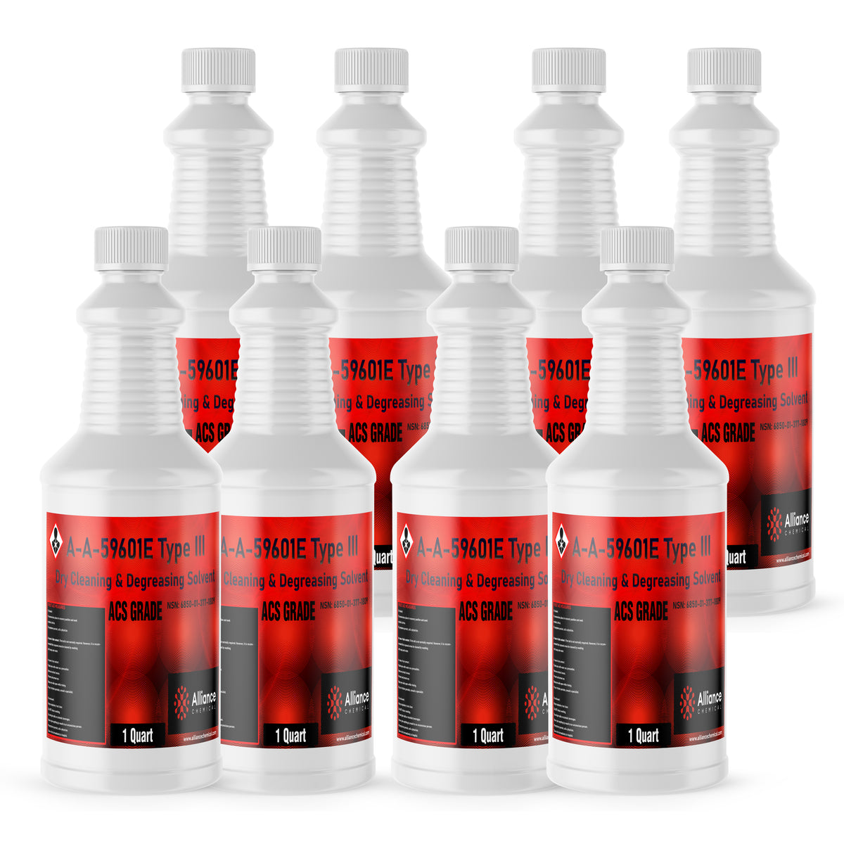 Eight 1-quart HDPE jugs of Alliance Chemical A-A-59601E Type III ACS Grade with white screw caps and red-and-black labels.
